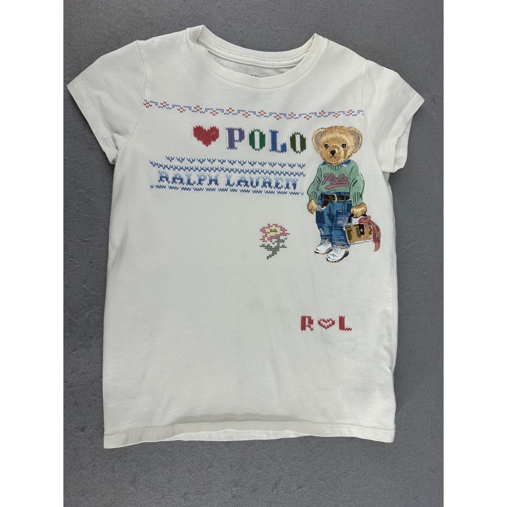 Polo Ralph Lauren Girls White Polo Bear Cross Stitch T-Shirt Small 7 Stains